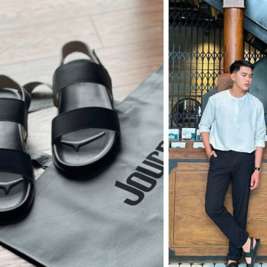 Sandal Nam Basic hai quai ngang chất liệu da thật màu đen